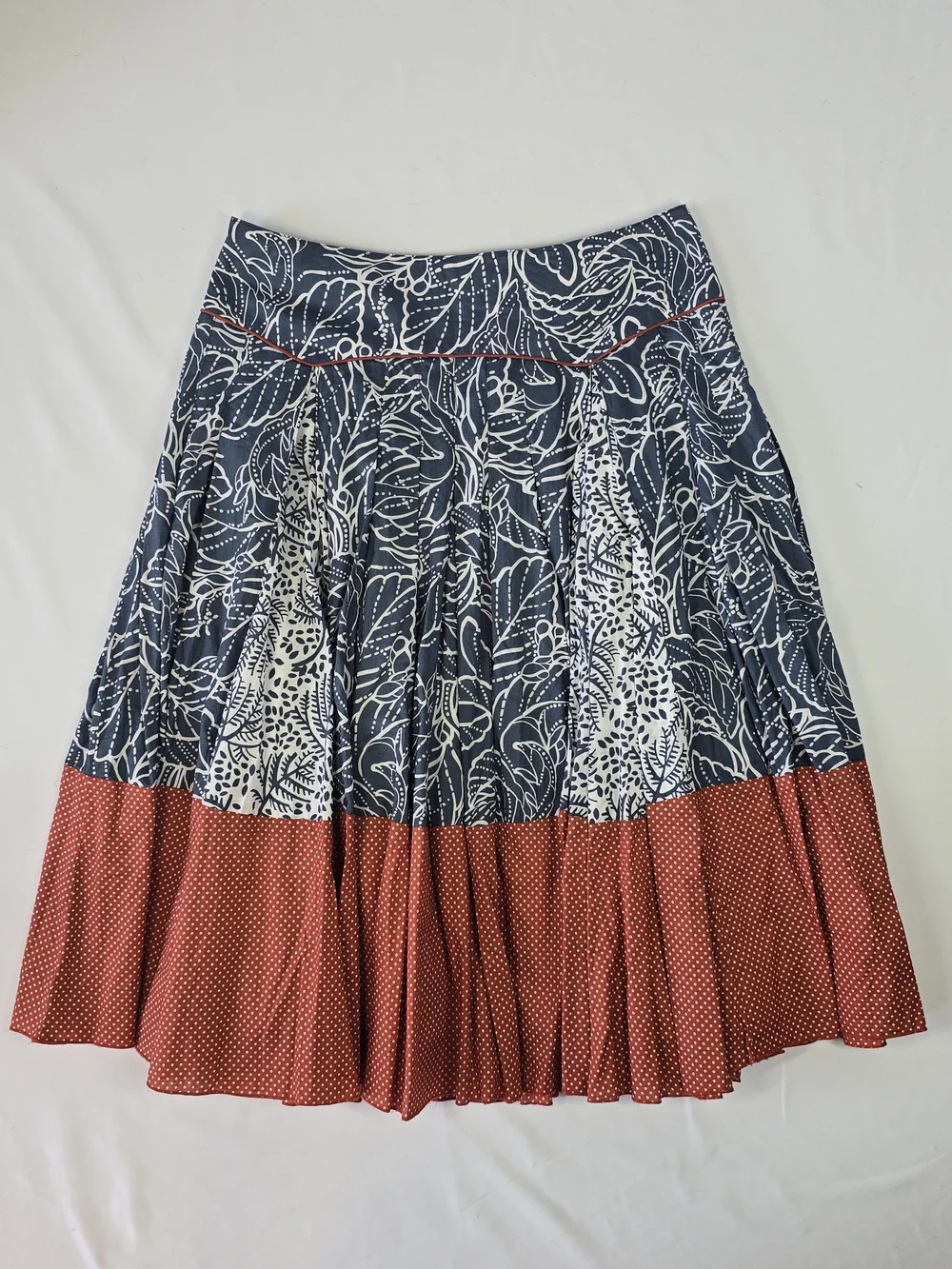 Wrap London 100% Cotton Leaf Print Pleated Skirt Blue Red Polka Dot Size 10